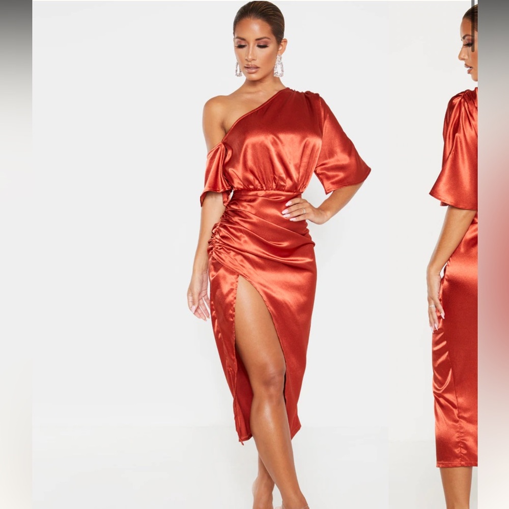 RUST SATIN ONE SHOULDER RUCHED SKIRT MIDI DRESS